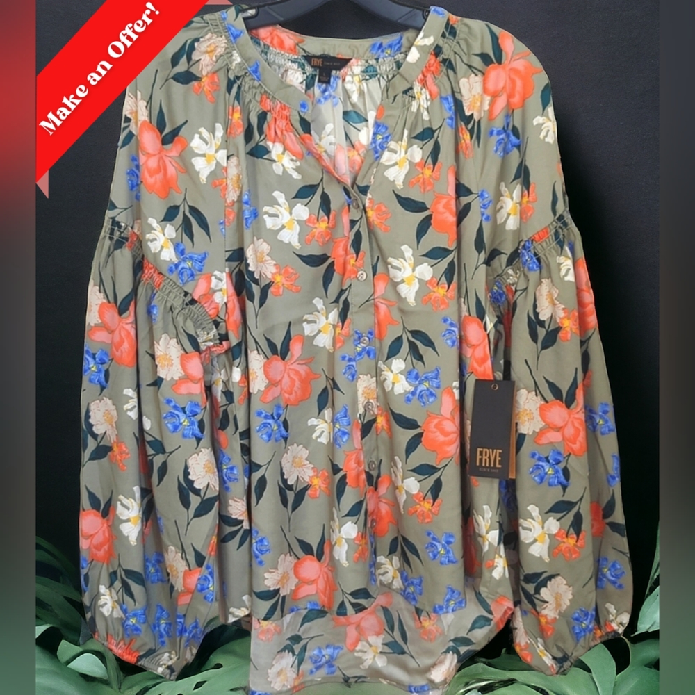 FRYE Floral Blouse! Brand New! Sheer Top, Perfect for Spring! Sage-Green Size: L